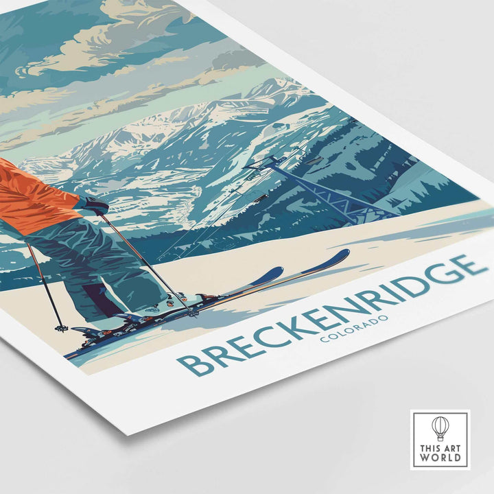 Breckenridge Ski Print featuring a skier in mountains, showcasing Colorado's iconic ski culture and breathtaking scenery.