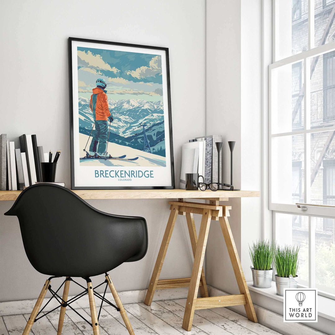 Breckenridge ski print in modern decor, featuring a skier against a mountain backdrop, perfect for ski enthusiasts.