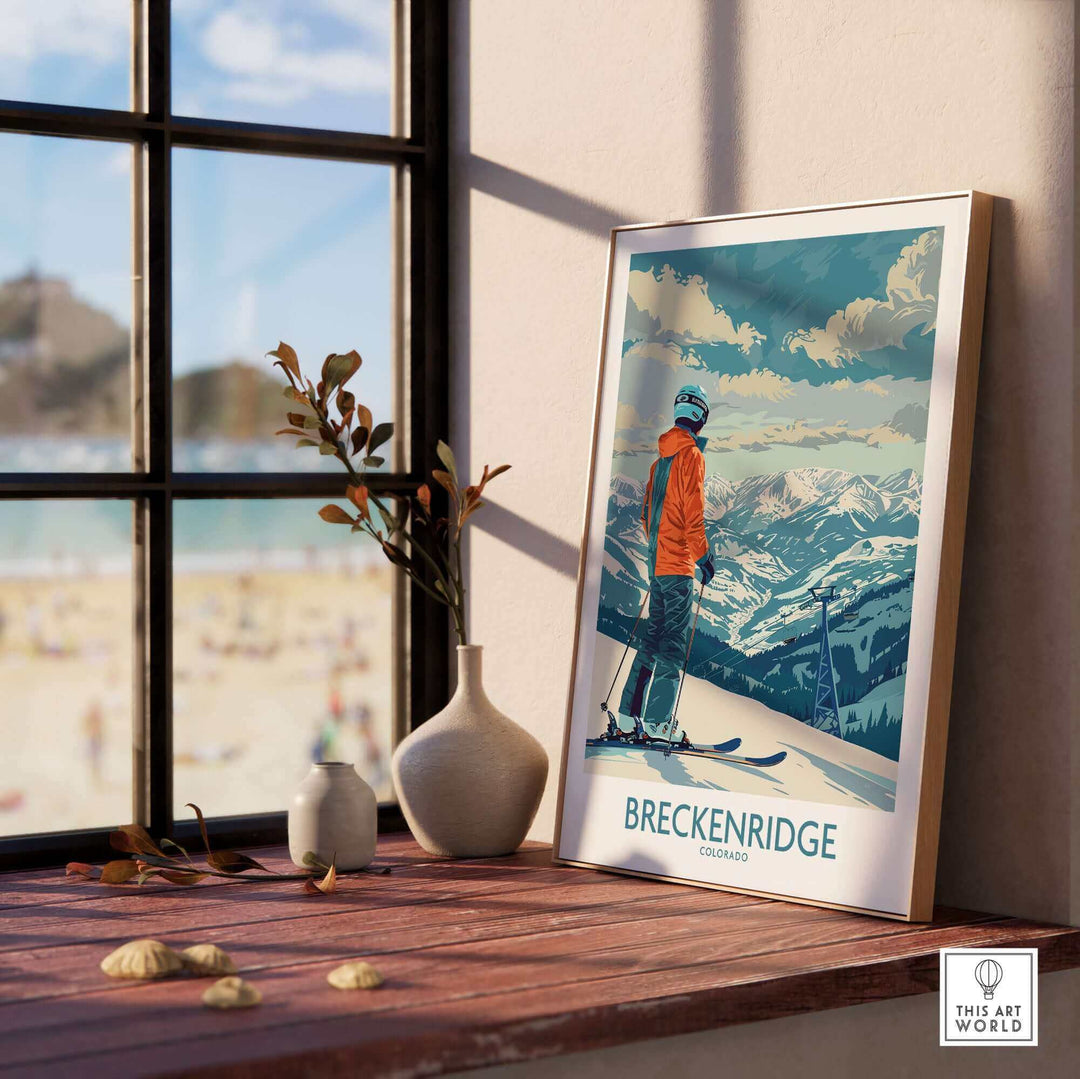 Breckenridge ski print displayed on a windowsill, showcasing scenic mountains and skiing culture in Colorado.