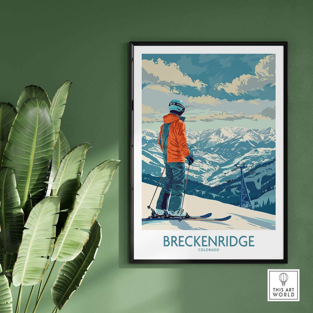 Breckenridge Ski Print showcasing a skier in vibrant orange on snowy mountains, perfect for ski enthusiasts and nature lovers.