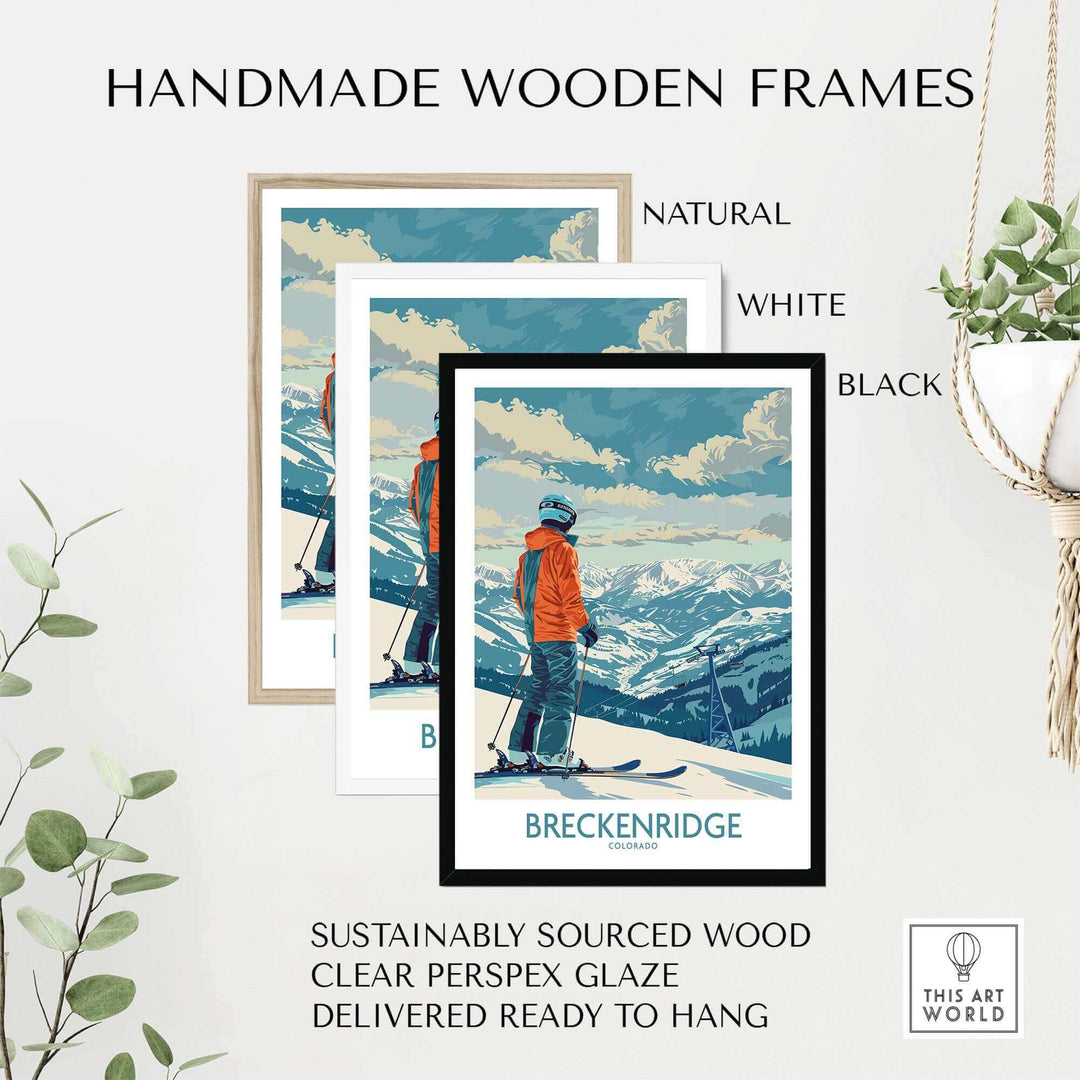 Handmade wooden frames in natural, white, and black for Breckenridge ski print, highlighting sustainable materials and ready-to-hang design.