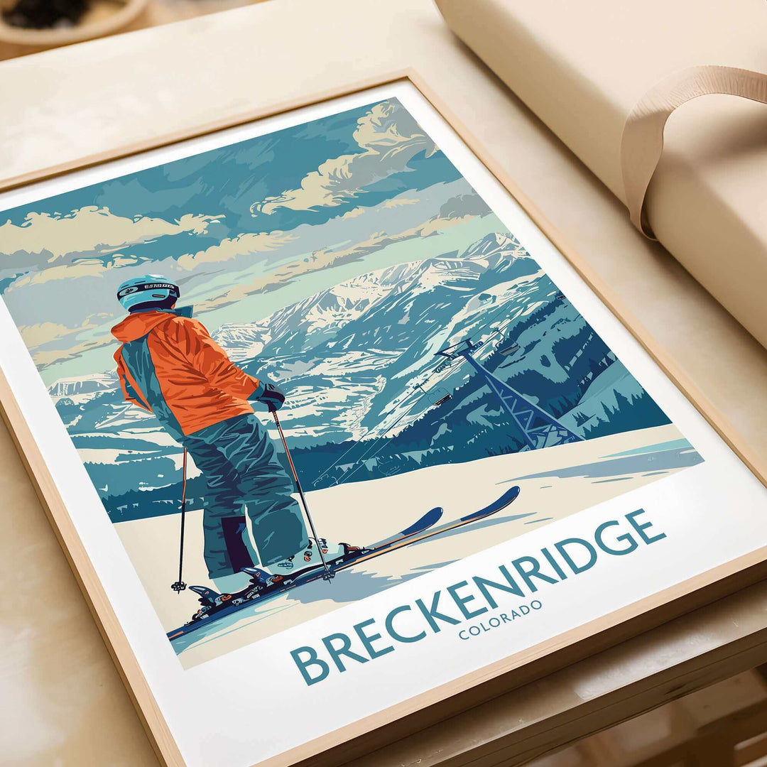 Breckenridge Ski Print featuring a skier overlooking snowy mountains in Colorado, perfect for ski enthusiasts.