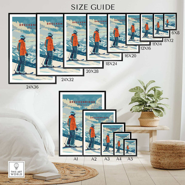 Breckenridge travel poster size guide showcasing various frame sizes in a cozy home setting with ski-themed decor.