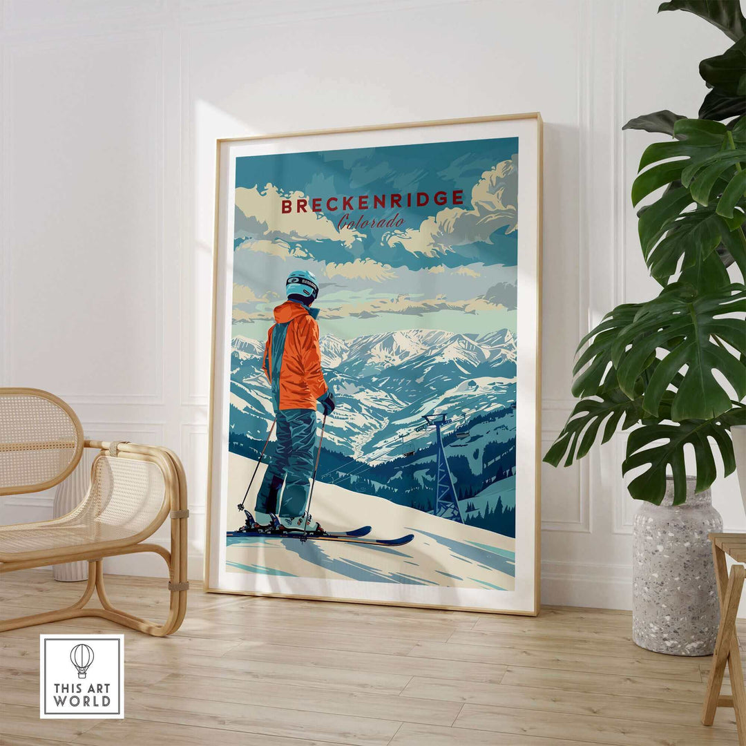 Breckenridge travel poster featuring a skier amid stunning mountain scenery in Colorado, perfect for home or office decor.