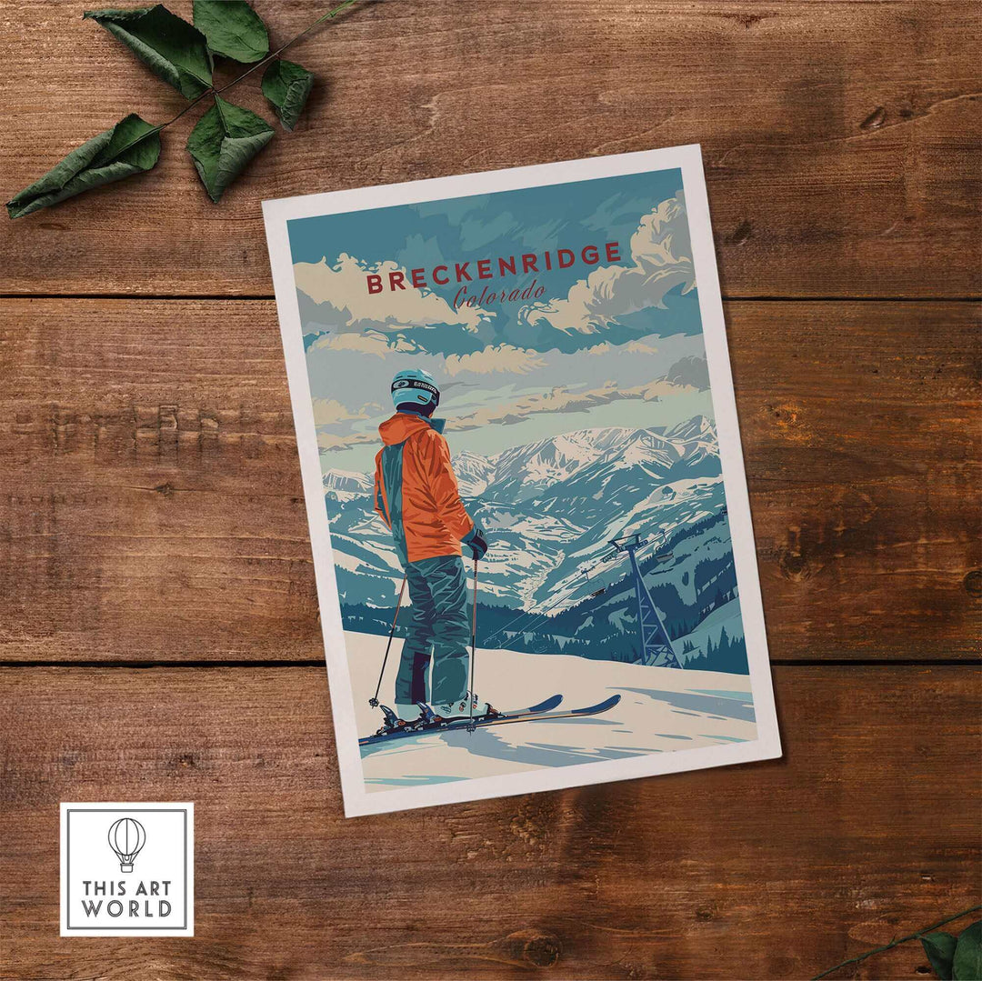 Breckenridge travel poster showcasing skier overlooking snowy mountains, perfect for inspiring adventure and wanderlust.