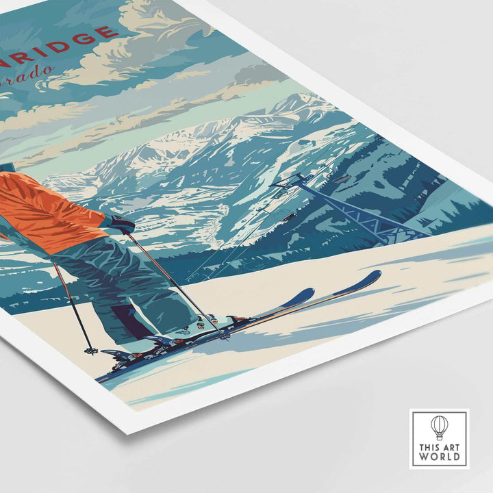 Breckenridge travel poster featuring skier in Colorado mountainscape, inspiring adventure and wanderlust.