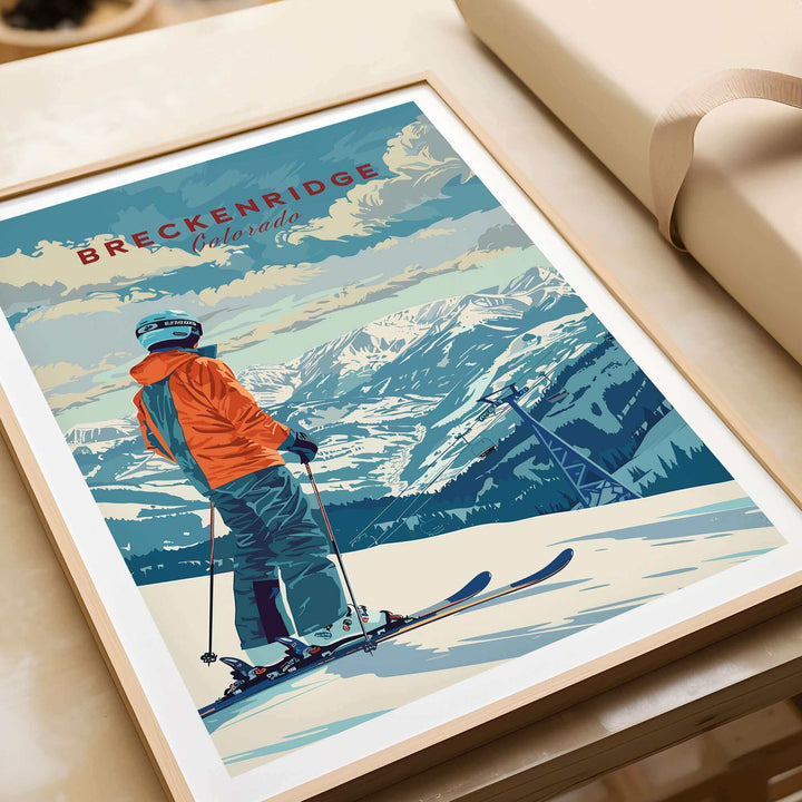 Breckenridge, Colorado travel poster featuring a skier on snowy slopes with mountains in the background. Perfect for ski enthusiasts.