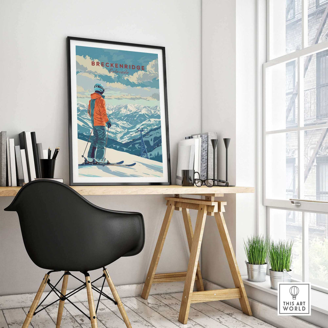 Breckenridge travel poster displayed in a stylish office setting, showcasing ski culture and mountainous scenery in Colorado.