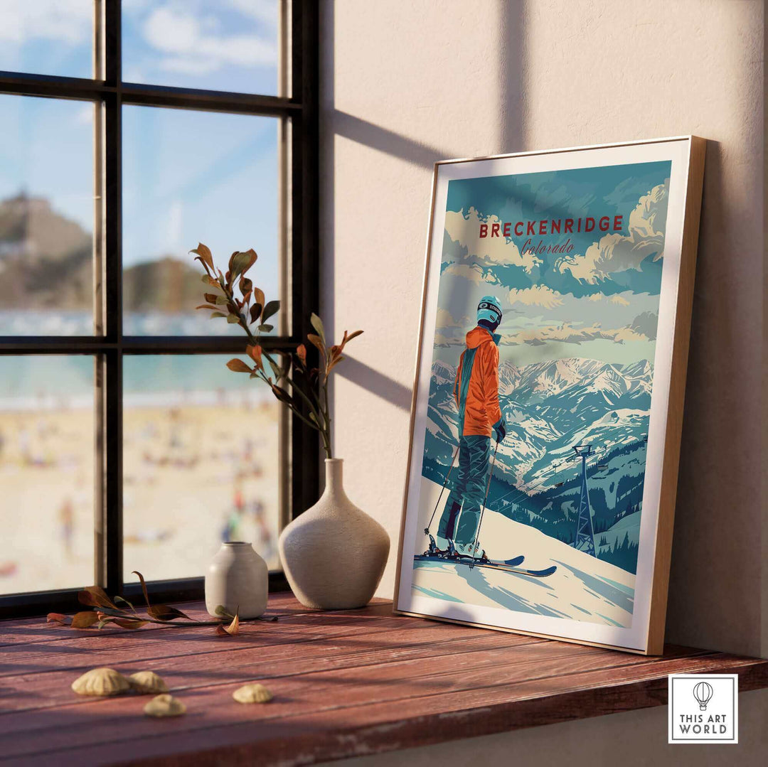 Breckenridge travel poster showcasing a skier against a snowy mountain backdrop, perfect for home or office decor.