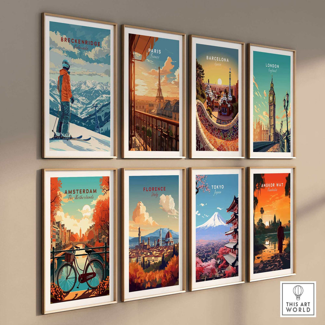 Collection of vibrant travel posters featuring Breckenridge, Paris, Barcelona, London, Amsterdam, Florence, Tokyo, and Angkor Wat.