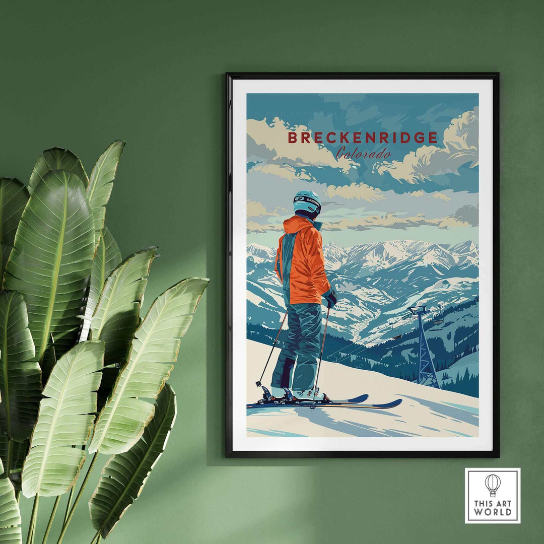 Breckenridge travel poster showcasing a skier against stunning mountain scenery, perfect for adventure lovers.