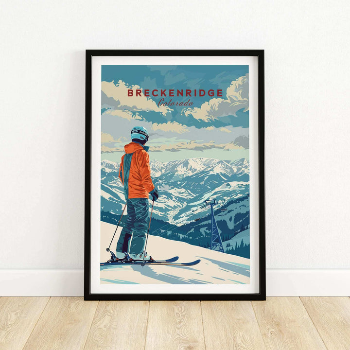 Breckenridge travel poster featuring a skier overlooking snowy mountains in Colorado, capturing adventure and beauty.