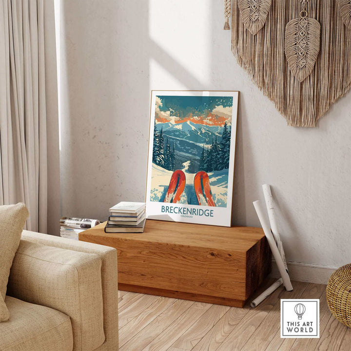 Brekenridge Colorado ski poster in cozy living room setting, showcasing mountain scenery and ski gear as home decor.