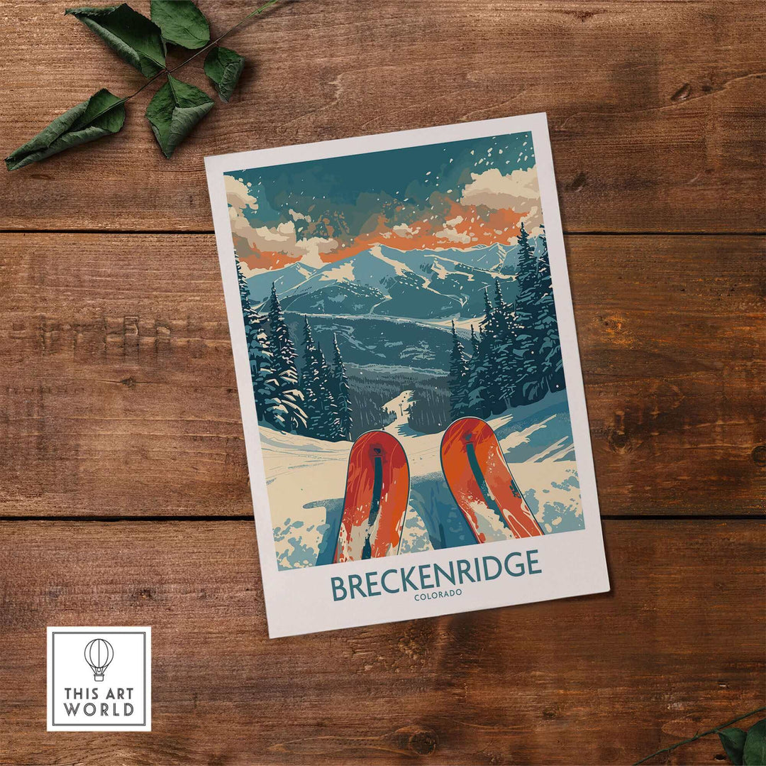 Breckenridge Colorado ski poster on wooden table, showcasing snowy mountains and skis, perfect for ski enthusiasts and home decor.