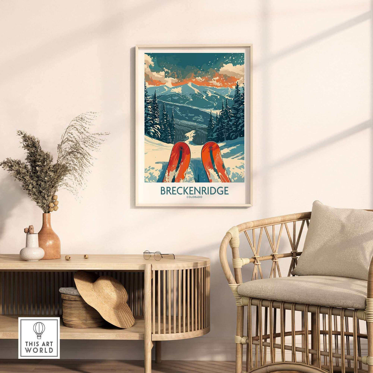 Brekenridge Ski Poster in cozy home decor setting, showcasing Colorado's breathtaking outdoor scenery.