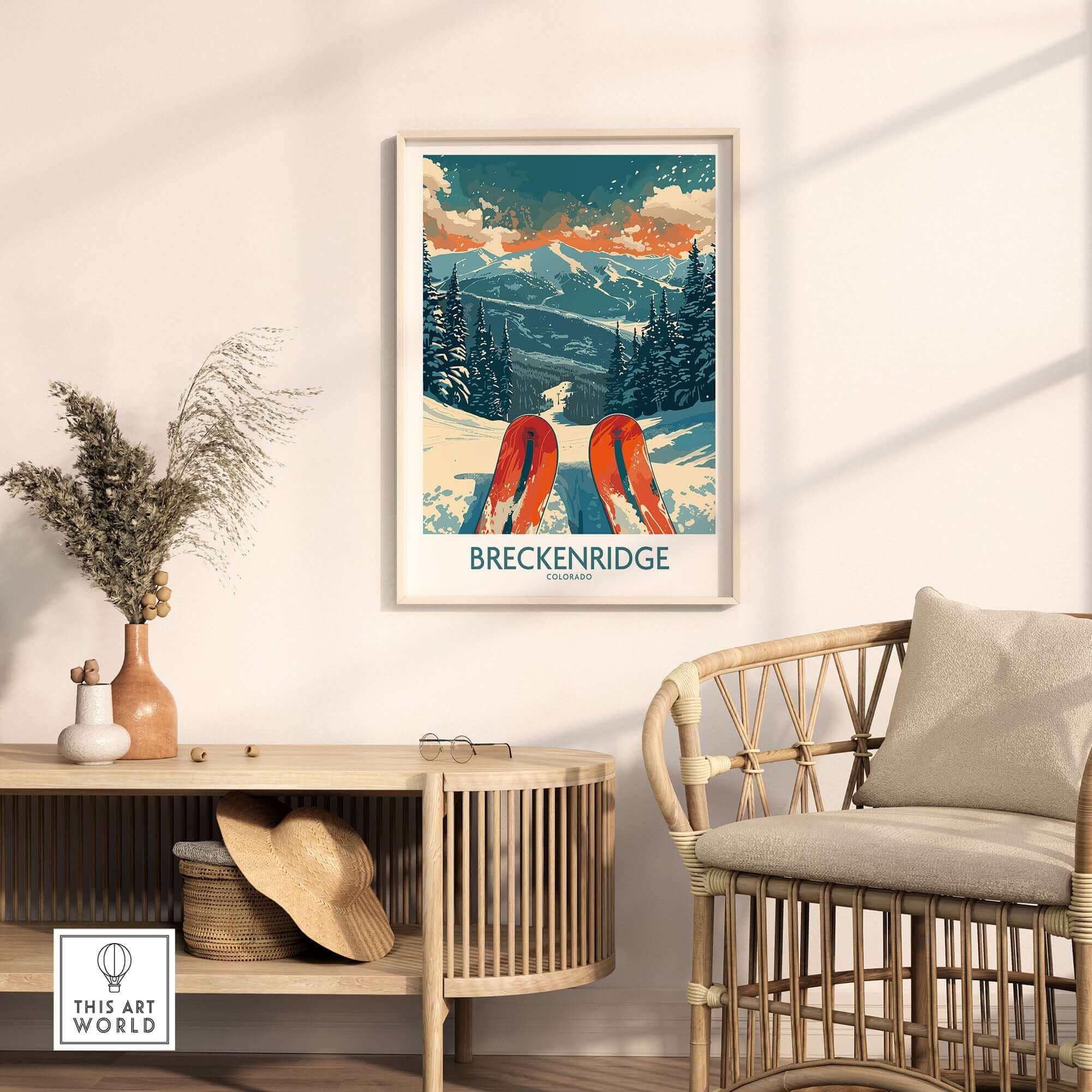 Brekenridge Ski Poster in cozy home decor setting, showcasing Colorado's breathtaking outdoor scenery.