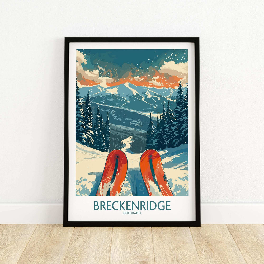 Breckenridge Colorado Ski Poster featuring snowy mountains and red skis, perfect for ski enthusiasts and home decor.