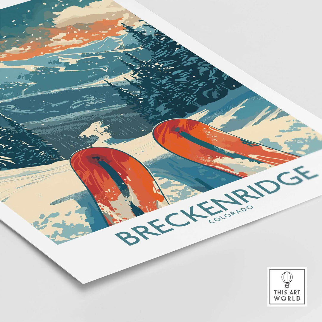 Breckenridge Colorado ski poster featuring vibrant skis and snowy mountain landscape, perfect for ski enthusiasts and home decor.