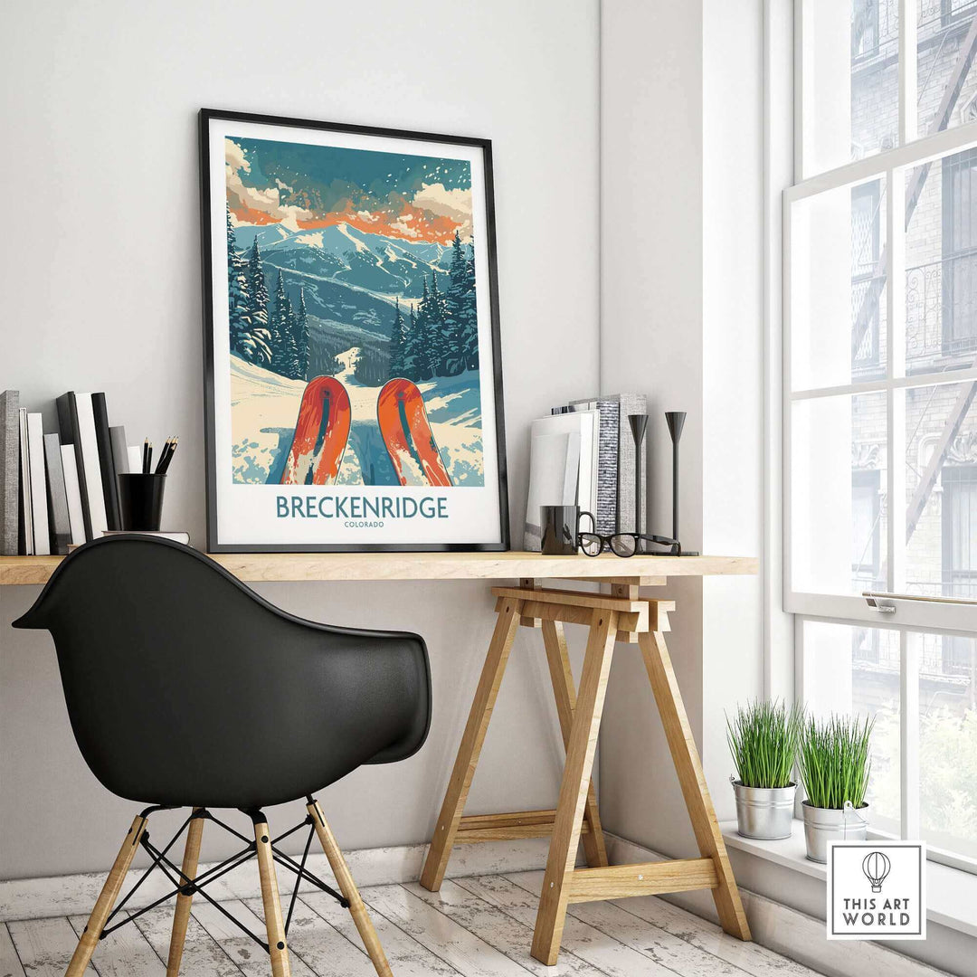 Brekenridge Colorado Ski Poster displayed in modern home office setting, capturing winter mountain scenery.