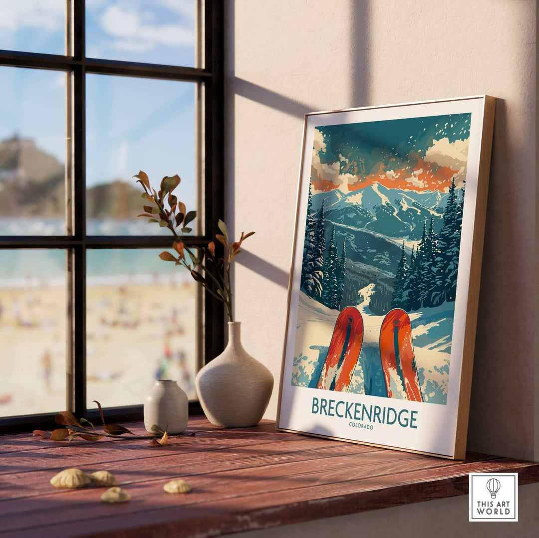 Breckenridge Colorado Ski Poster on a windowsill with snowy mountain view, enhancing home decor and outdoor inspiration.