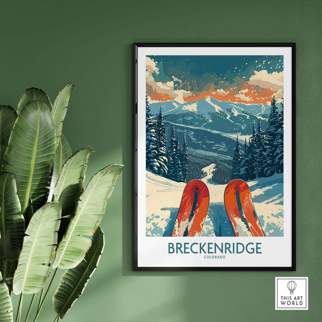 Brekenridge Colorado ski poster showcasing scenic snow-covered mountains and skis, perfect for ski enthusiasts and home decor.