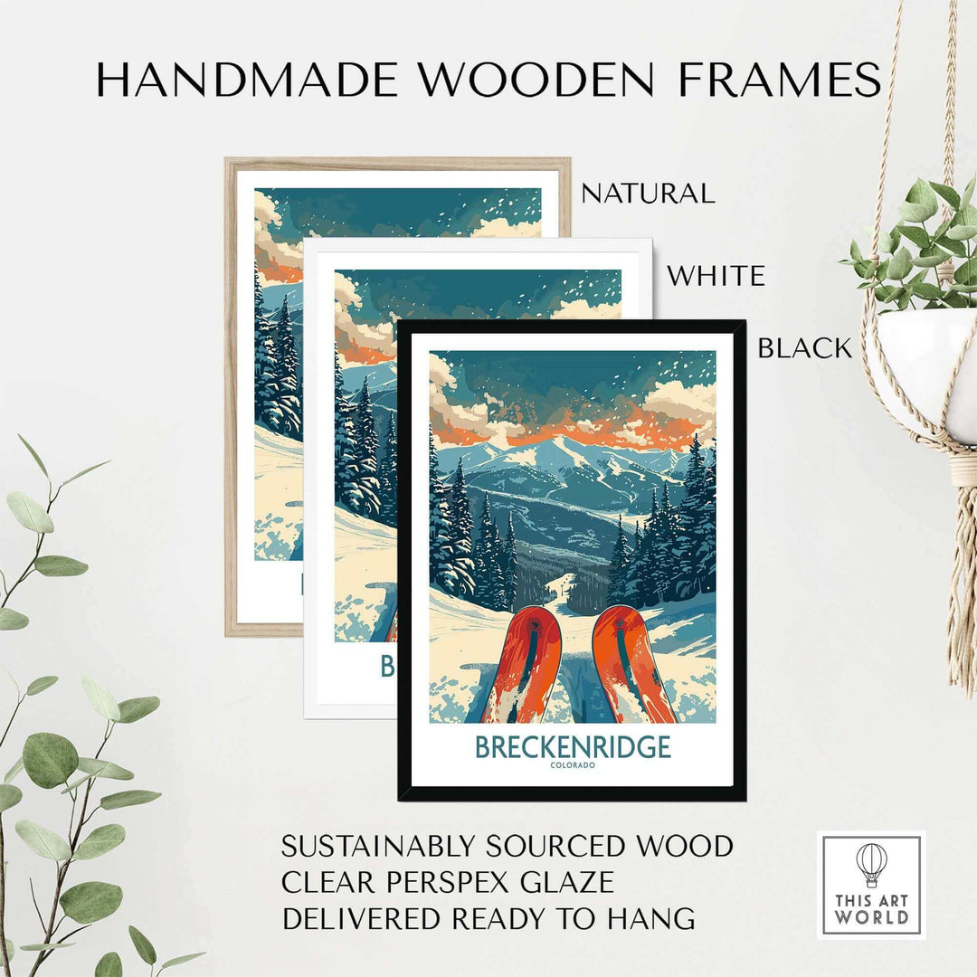 Handmade wooden frames featuring Breckenridge Ski Poster in natural, white, and black, showcasing the beauty of Colorado mountains.