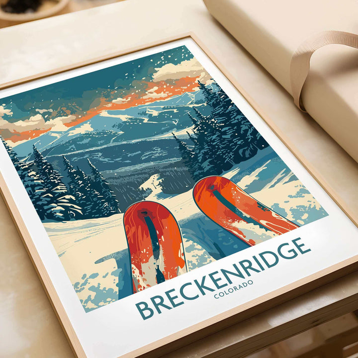 Breckenridge Colorado Ski Poster showcasing vibrant mountain scene and ski equipment, ideal for outdoor and ski enthusiasts