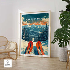 Breckenridge Print showcasing ski gear in snowy Colorado mountains, perfect wall art for adventure lovers.