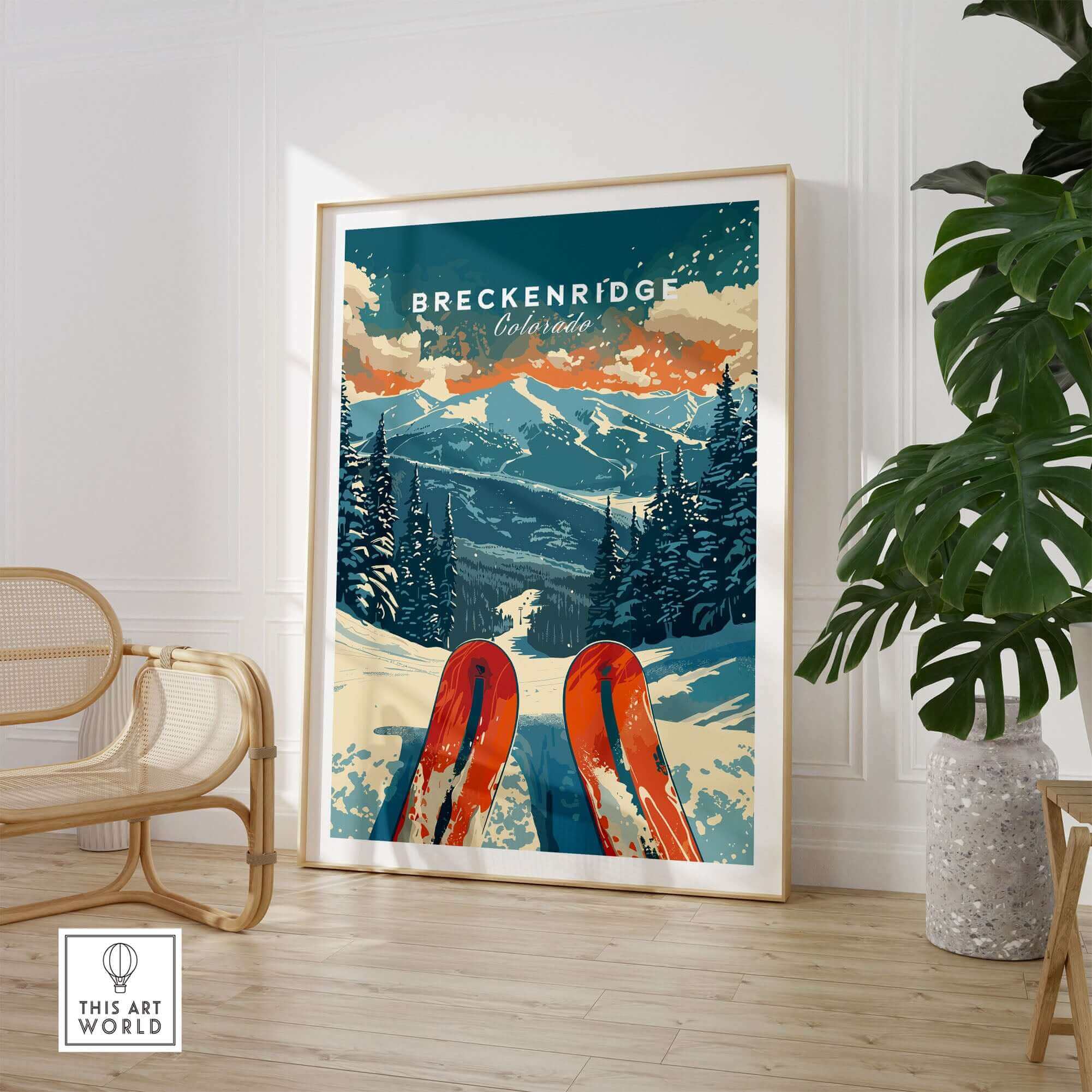 Breckenridge Print showcasing ski gear in snowy Colorado mountains, perfect wall art for adventure lovers.