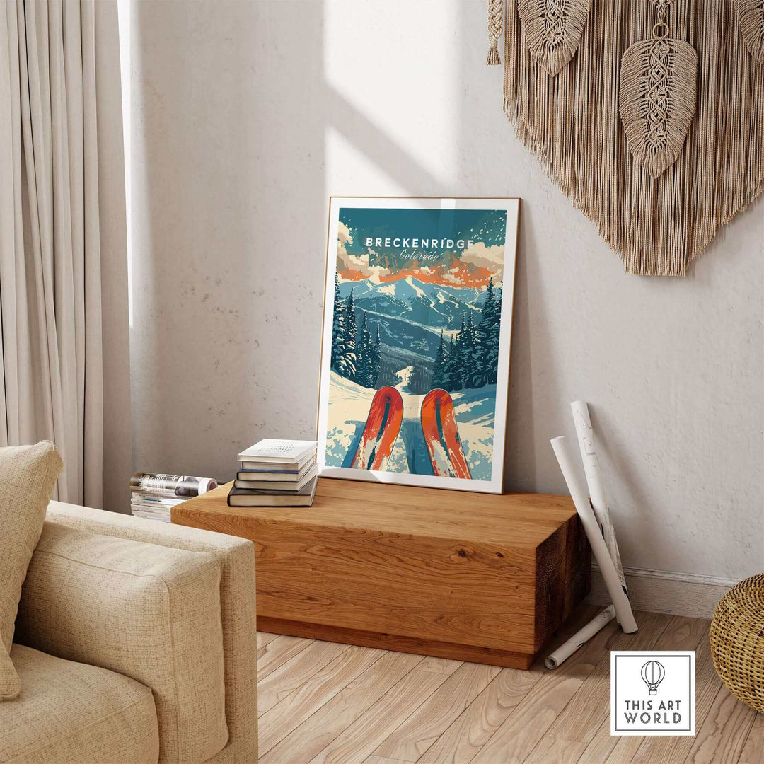 Breckenridge Print showcasing Colorado's mountains and ski culture, displayed in a cozy living room setting.