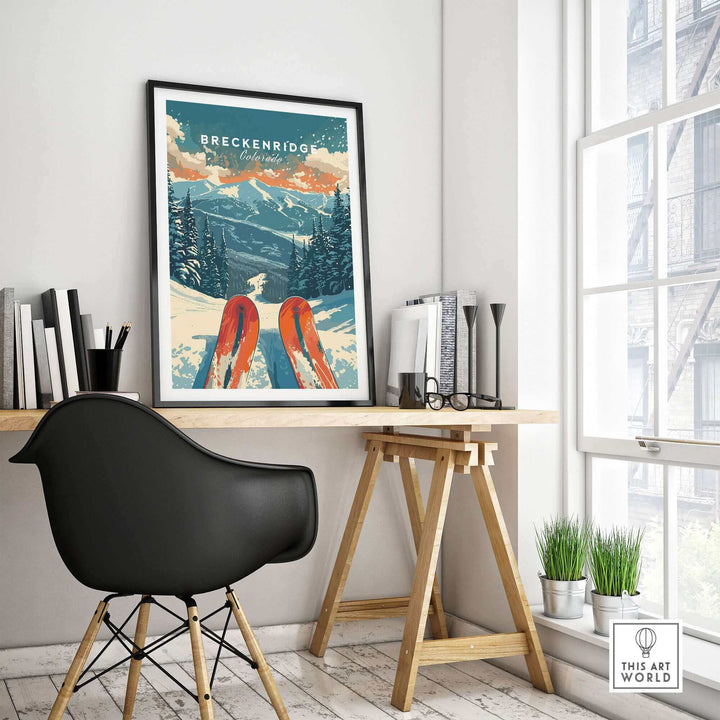 Breckenridge Print showcasing Colorado's mountains and ski wall art in a modern workspace with a stylish chair.