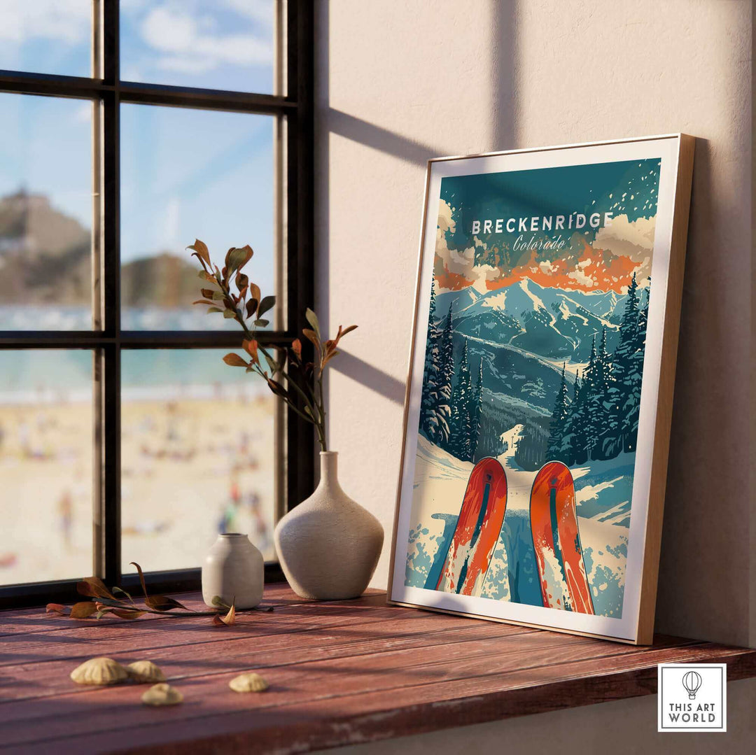 Breckenridge Print showcasing vibrant mountains and skis, perfect ski wall art for adventure seekers and nature lovers.