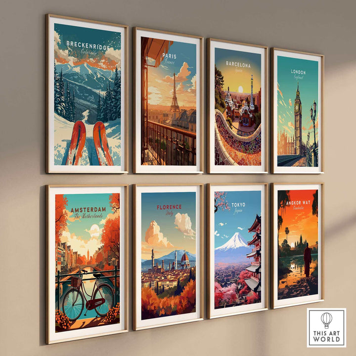 collection of travel-themed art prints including Breckenridge, Paris, Barcelona, London, Amsterdam, Florence, Tokyo, Angkor Wat