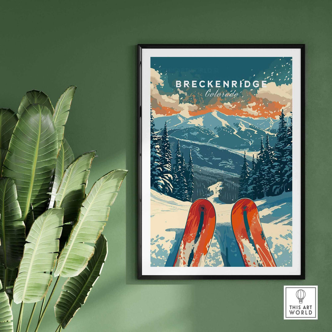 Breckenridge Print Colorado featuring snowy mountains and skis, perfect wall art for adventure seekers and nature lovers.