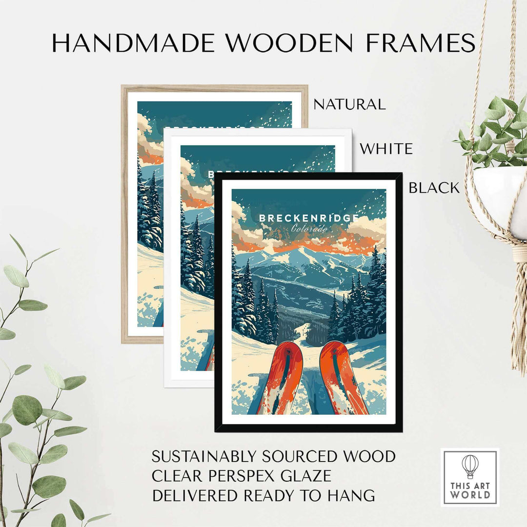 Handmade wooden frames in natural, white, and black for Breckenridge Print Colorado, sustainably sourced and ready to hang.