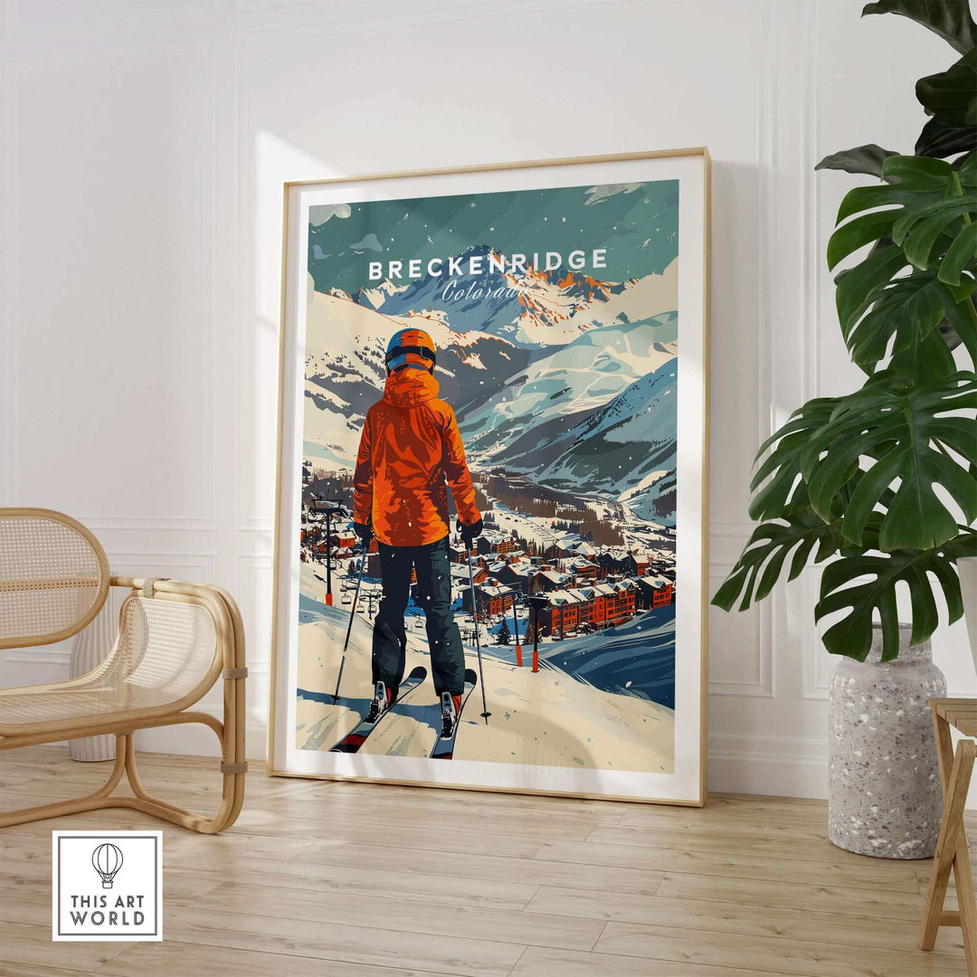 Breckenridge ski poster featuring a skier overlooking the mountains, perfect for home decor and ski enthusiasts.