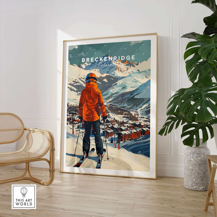 Breckenridge ski poster featuring a skier overlooking the mountains, perfect for home decor and ski enthusiasts.