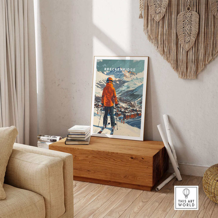 Breckenridge ski poster displayed in a cozy living room setting, showcasing winter sports and mountain scenery.