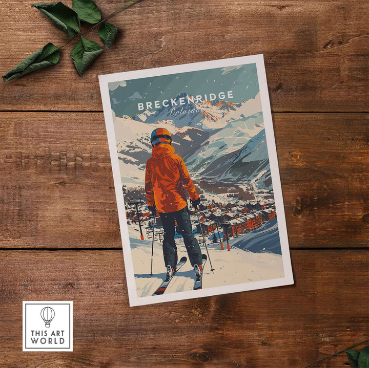 Breckenridge Ski Poster featuring a skier in an orange jacket against a snowy mountain backdrop, perfect for ski enthusiasts.