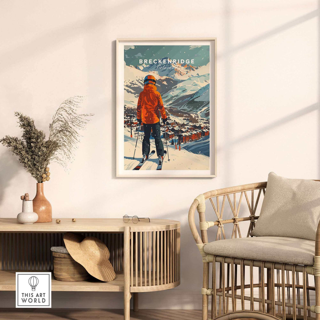 Breckenridge Ski Poster displayed in a modern living room, showcasing winter sports and mountain scenery.