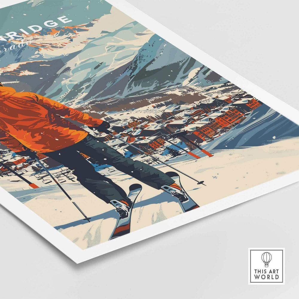 Breckenridge ski poster featuring a skier in an orange jacket overlooking the snowy mountain town, ideal for ski enthusiasts.