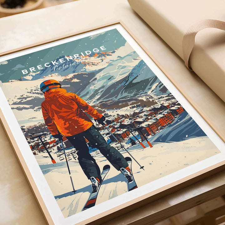 Breckenridge Ski Poster featuring a skier in an orange jacket against a snowy mountain backdrop. Perfect ski wall art for enthusiasts.