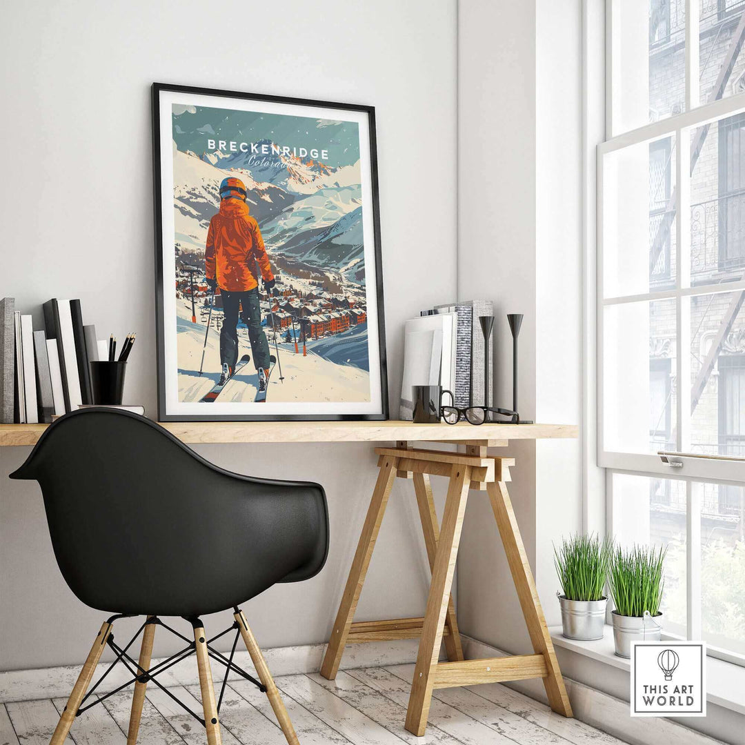 Breckenridge Ski Poster displayed in a modern office setting with stylish decor and a view of snowy mountains.