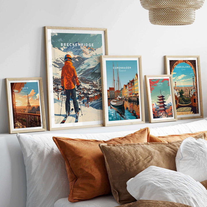 Breckenridge Ski Poster displayed among travel art, showcasing ski culture and stunning mountain scenery in stylish frames.