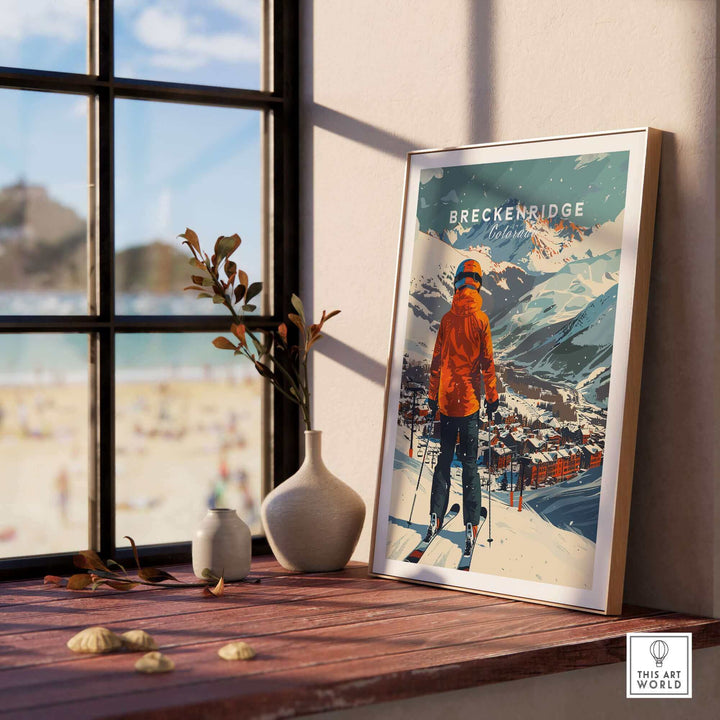 Breckenridge Ski Poster displayed in a sunlit room, capturing winter sports and mountain beauty for ski enthusiasts.