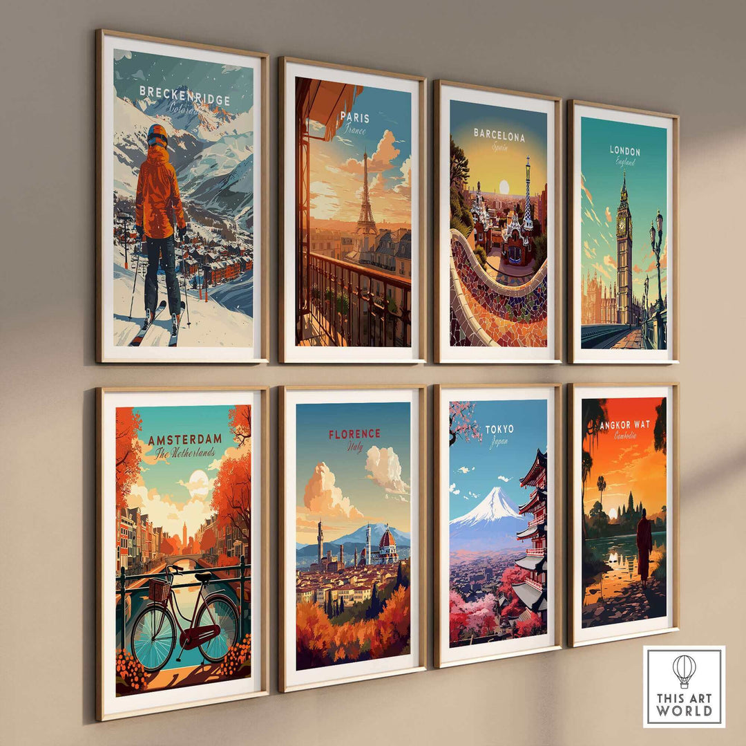 Collection of travel posters including Breckenridge, Paris, Barcelona, and more, showcasing iconic landmarks and scenic views.