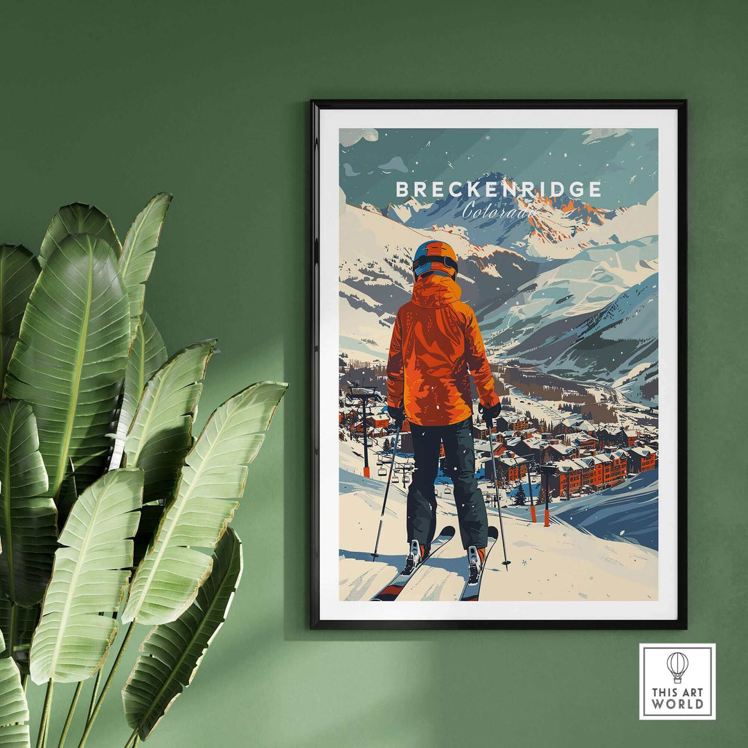 Breckenridge Ski Poster featuring a skier overlooking the snowy mountains, perfect for home or office decor.