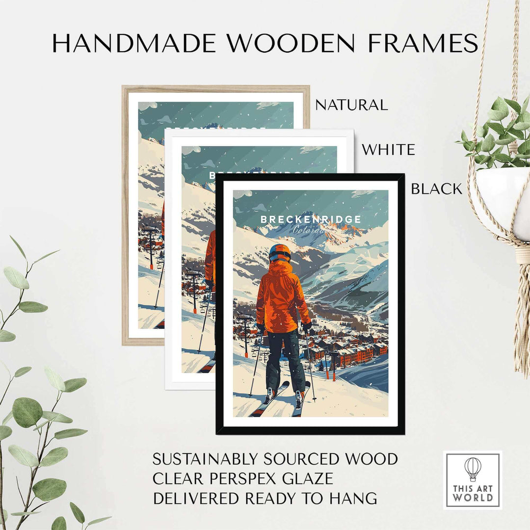 Handmade wooden frames for Breckenridge Ski Poster in natural, white, and black finishes, ready to hang with clear perspex glaze.