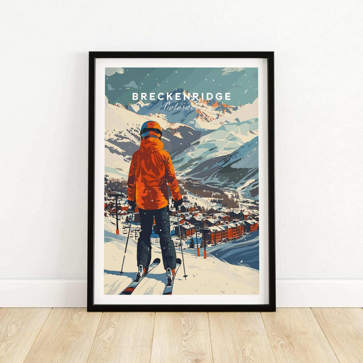 Breckenridge ski poster showcasing a skier overlooking the snowy mountains and town, perfect for ski enthusiasts and wall art.