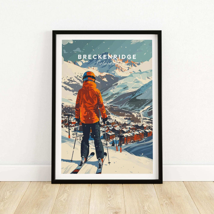 Breckenridge ski poster showcasing a skier overlooking the snowy mountains and town, perfect for ski enthusiasts and wall art.